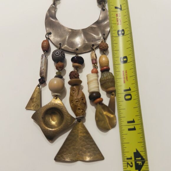 Boho Tribal Statement Necklace Wood Beads Brass Metal Dangles Mixed Media Artsy - Picture 8 of 9